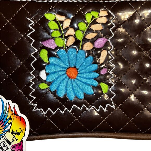 Consuela Quilted Brown Patent w Leather Trim Embroidered Clutch Wristlet NEW - Picture 3 of 14